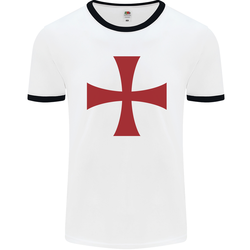 Knights Templar Cross Fancy Dress Outfit Mens White Ringer T-Shirt White/Black