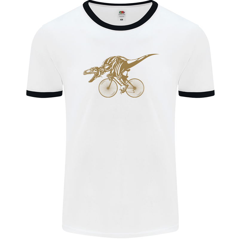 T-Rex Dinosaure Riding a Bicycle Cycling Mens White Ringer T-Shirt White/Black