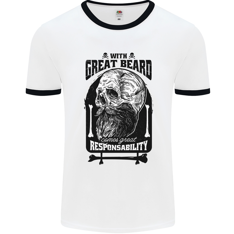 Great Beard Comes Great Responsibility Skull Mens White Ringer T-Shirt White/Black