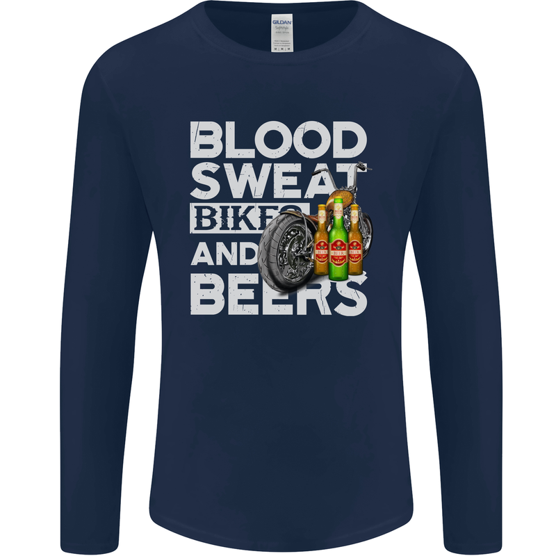 Blood Sweat Bikes & Beer Funny Motorcycle Mens Long Sleeve T-Shirt Navy Blue