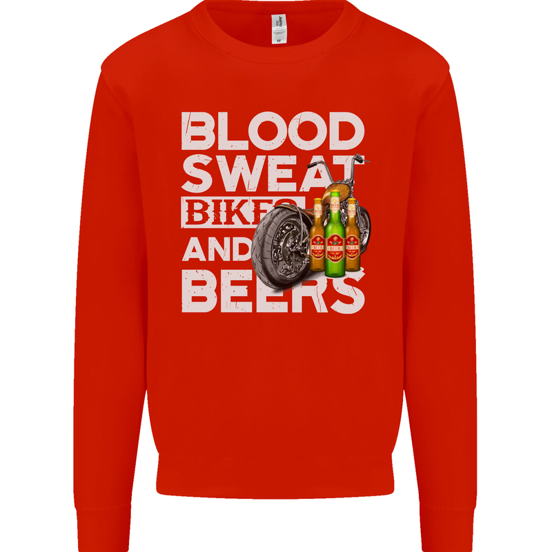 Blood Sweat Bikes & Beer Funny Motorcycle Mens Sweatshirt Jumper Bright Red