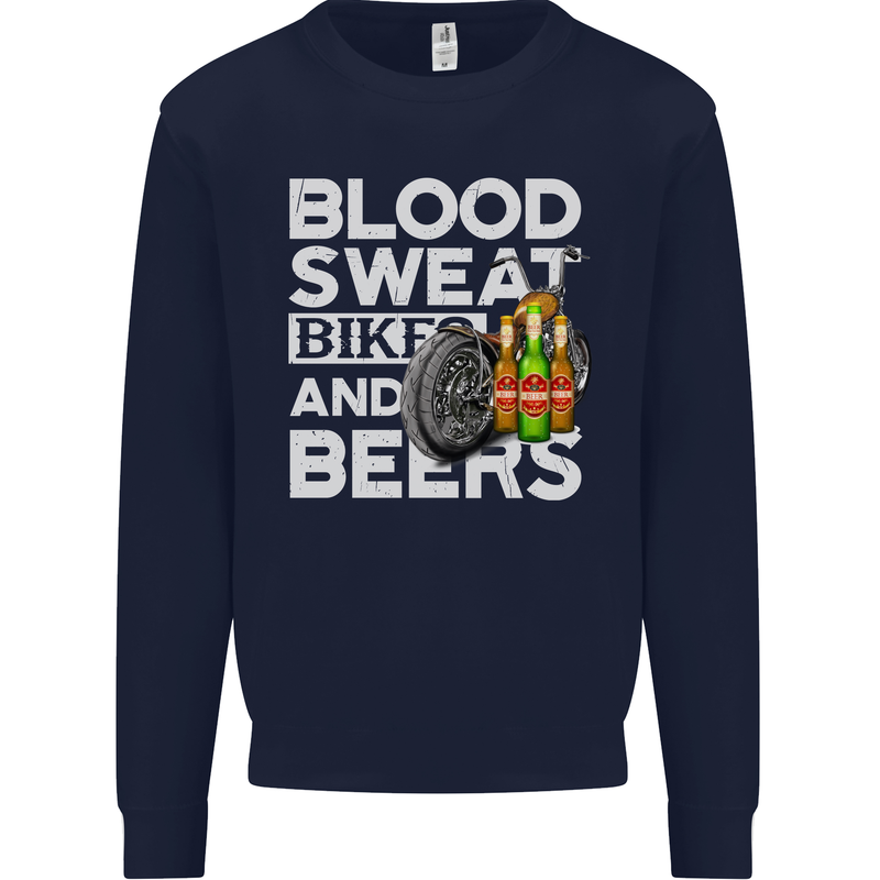 Blood Sweat Bikes & Beer Funny Motorcycle Mens Sweatshirt Jumper Navy Blue