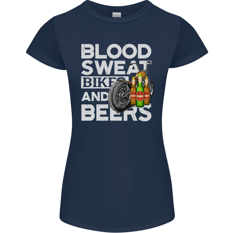 Blood Sweat Bikes & Beer Funny Motorcycle Womens Petite Cut T-Shirt Navy Blue