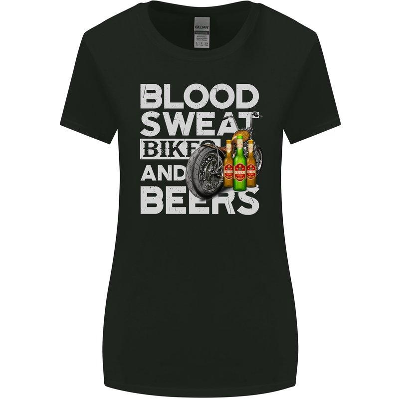 Blood Sweat Bikes & Beer Funny Motorcycle Womens Wider Cut T-Shirt Black