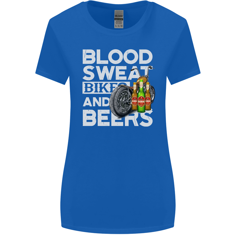 Blood Sweat Bikes & Beer Funny Motorcycle Womens Wider Cut T-Shirt Royal Blue