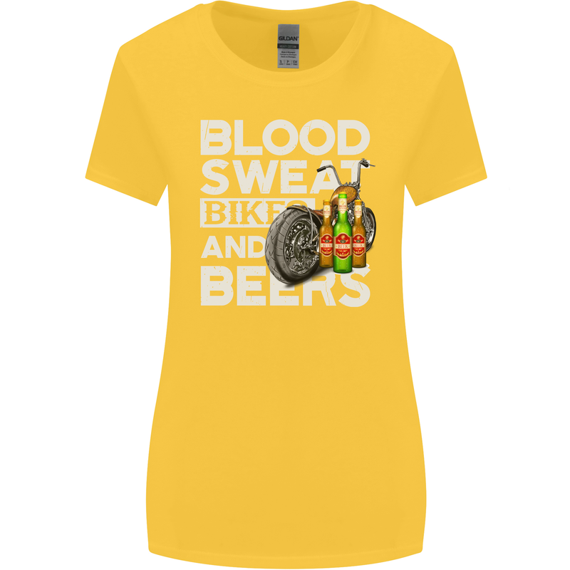 Blood Sweat Bikes & Beer Funny Motorcycle Womens Wider Cut T-Shirt Yellow