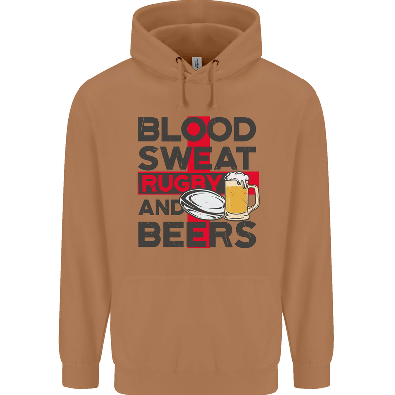 Blood Sweat Rugby and Beers England Funny Mens 80% Cotton Hoodie Caramel Latte