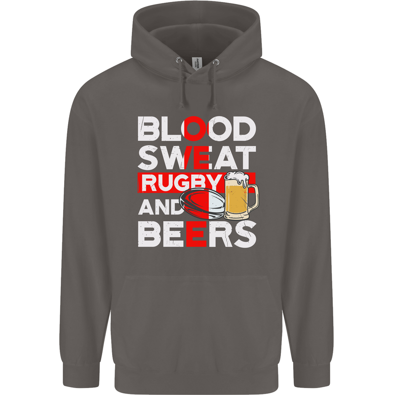 Blood Sweat Rugby and Beers England Funny Mens 80% Cotton Hoodie Charcoal