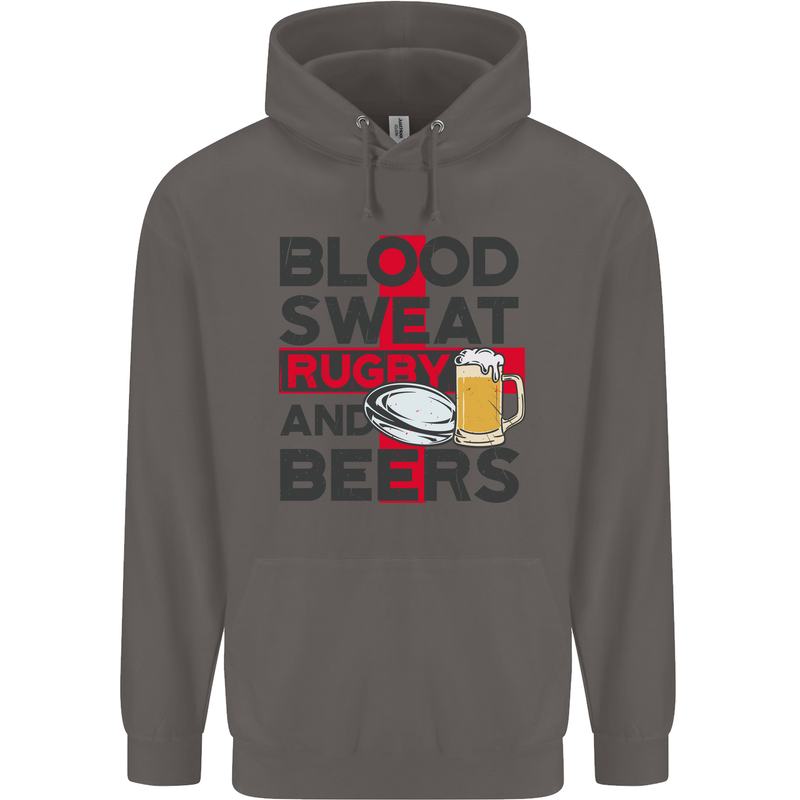 Blood Sweat Rugby and Beers England Funny Mens 80% Cotton Hoodie Charcoal