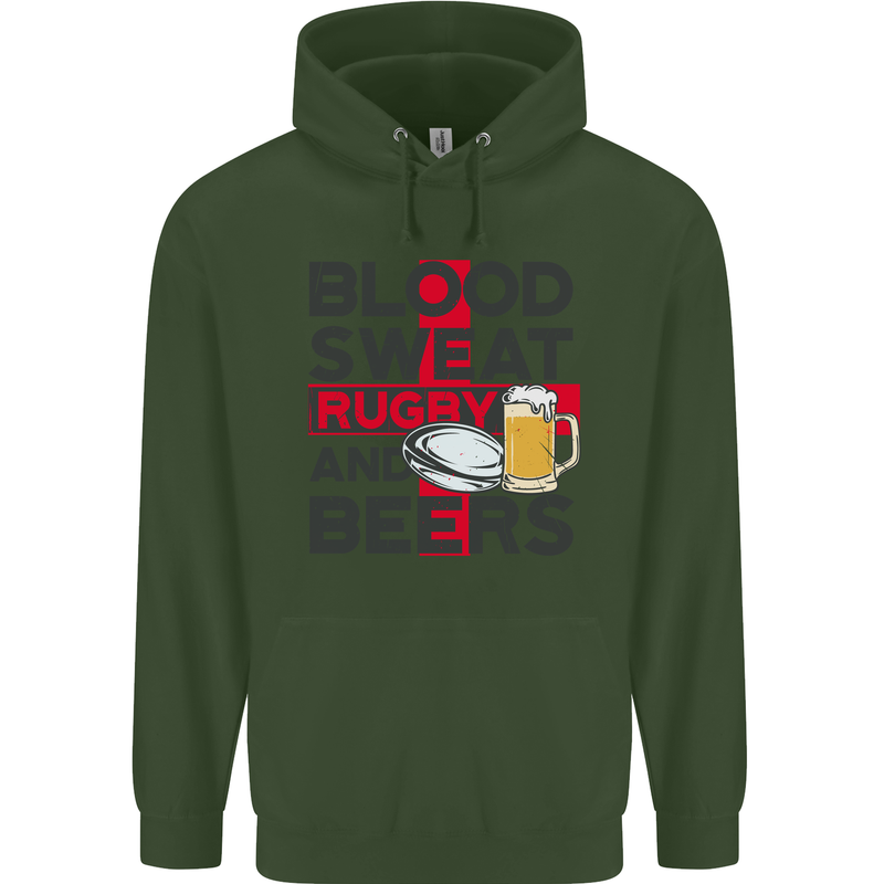 Blood Sweat Rugby and Beers England Funny Mens 80% Cotton Hoodie Forest Green