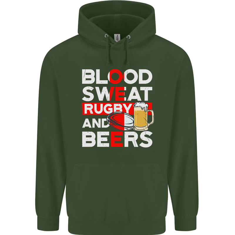 Blood Sweat Rugby and Beers England Funny Mens 80% Cotton Hoodie Forest Green
