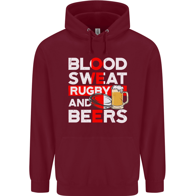 Blood Sweat Rugby and Beers England Funny Mens 80% Cotton Hoodie Maroon