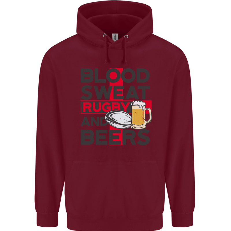 Blood Sweat Rugby and Beers England Funny Mens 80% Cotton Hoodie Maroon