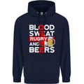Blood Sweat Rugby and Beers England Funny Mens 80% Cotton Hoodie Navy Blue