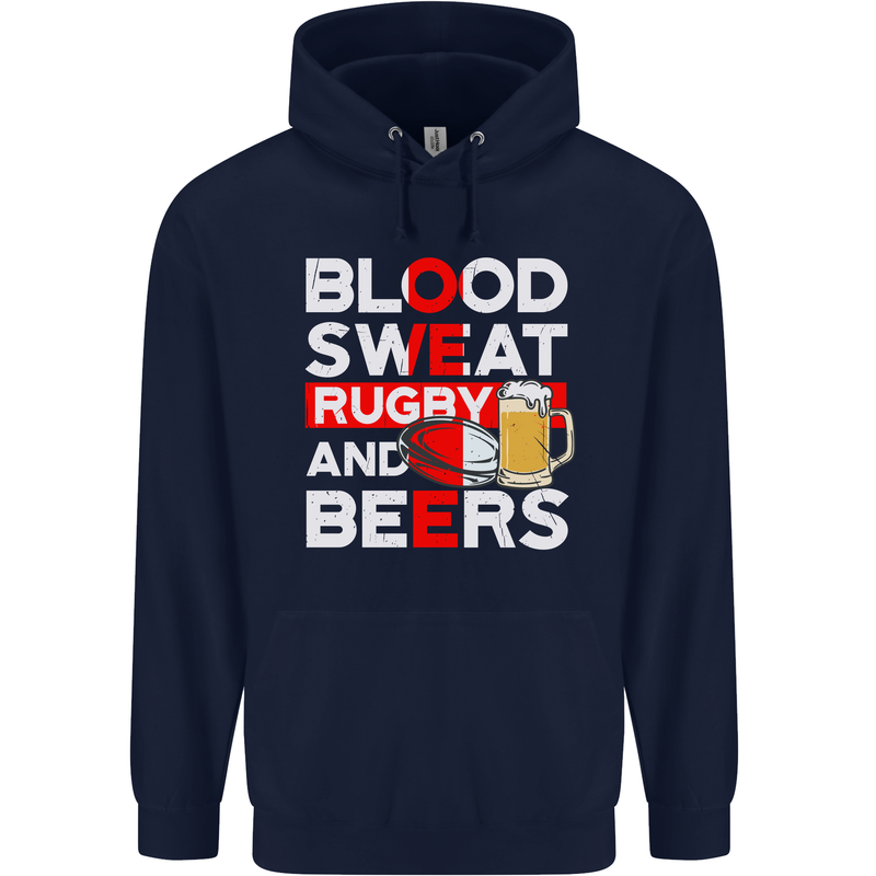 Blood Sweat Rugby and Beers England Funny Mens 80% Cotton Hoodie Navy Blue