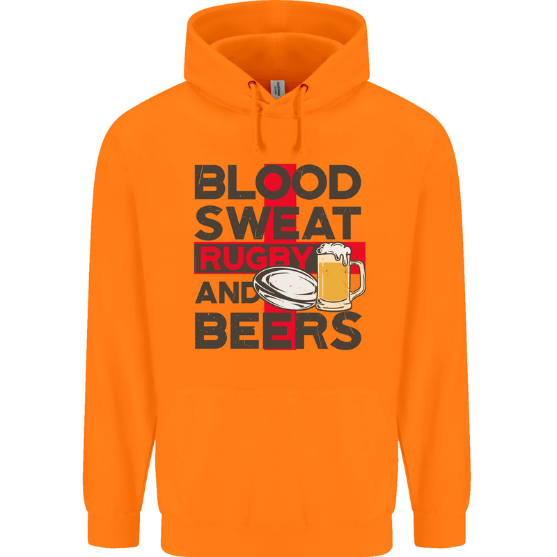 Blood Sweat Rugby and Beers England Funny Mens 80% Cotton Hoodie Orange