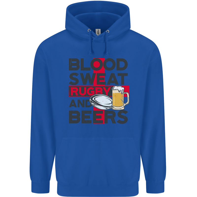 Blood Sweat Rugby and Beers England Funny Mens 80% Cotton Hoodie Royal Blue