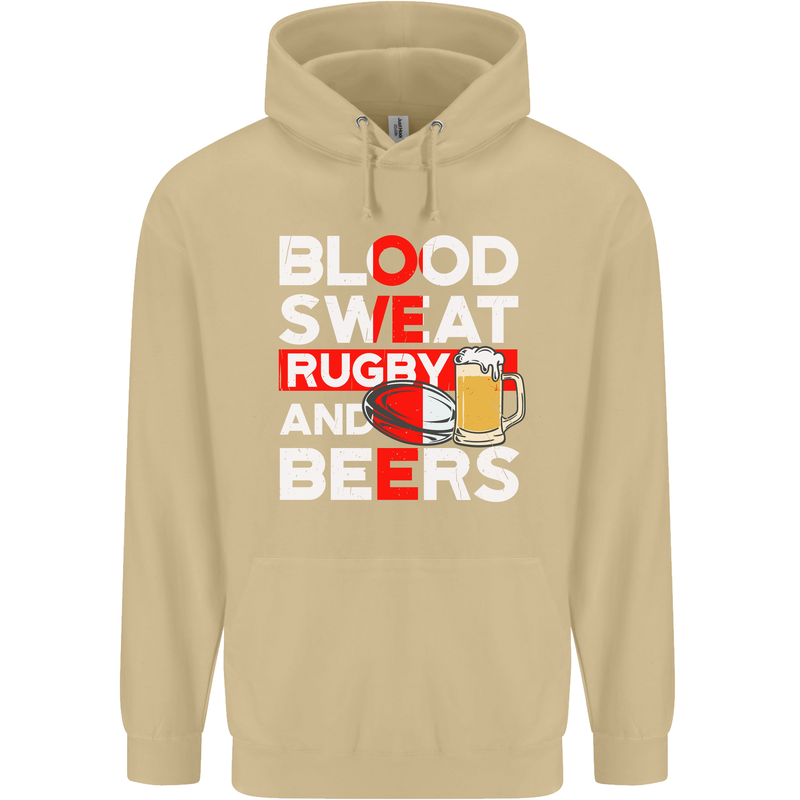 Blood Sweat Rugby and Beers England Funny Mens 80% Cotton Hoodie Sand