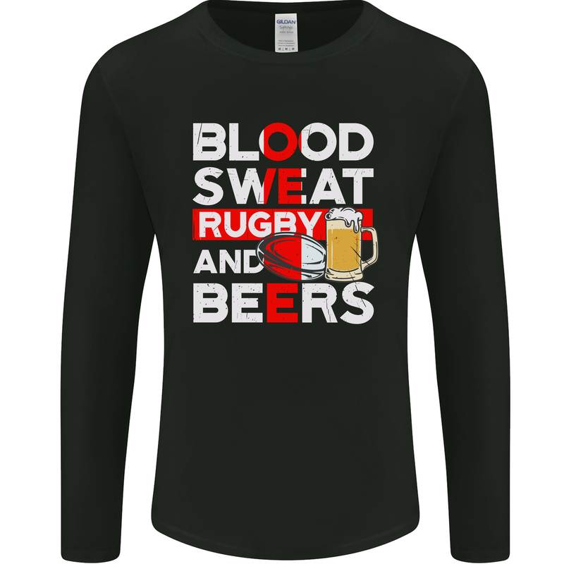 Blood Sweat Rugby and Beers England Funny Mens Long Sleeve T-Shirt Black