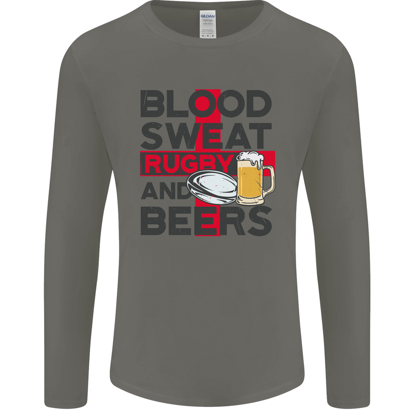 Blood Sweat Rugby and Beers England Funny Mens Long Sleeve T-Shirt Charcoal