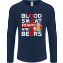 Blood Sweat Rugby and Beers England Funny Mens Long Sleeve T-Shirt Navy Blue