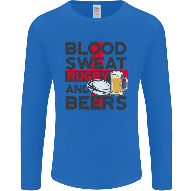 Blood Sweat Rugby and Beers England Funny Mens Long Sleeve T-Shirt Royal Blue