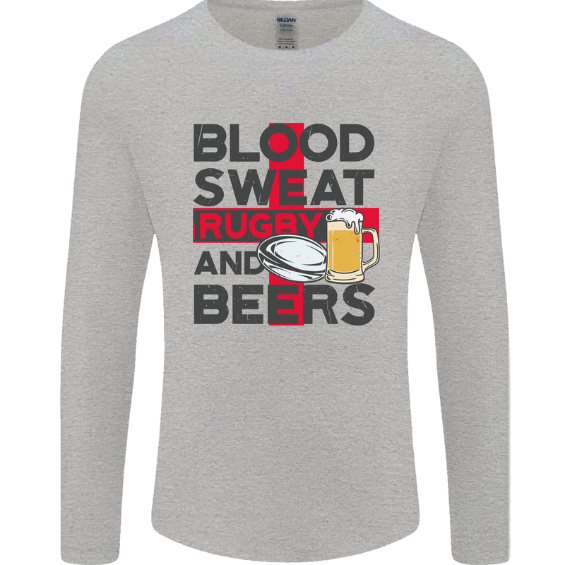 Blood Sweat Rugby and Beers England Funny Mens Long Sleeve T-Shirt Sports Grey