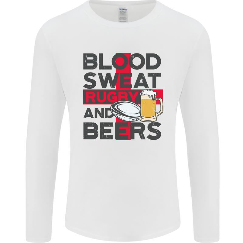 Blood Sweat Rugby and Beers England Funny Mens Long Sleeve T-Shirt White