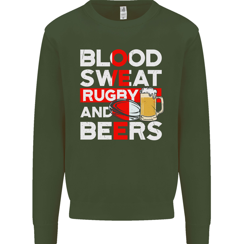 Blood Sweat Rugby and Beers England Funny Mens Sweatshirt Jumper Forest Green