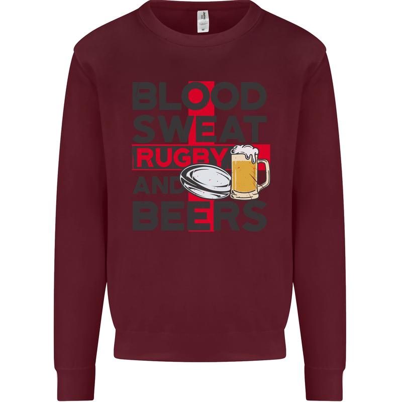 Blood Sweat Rugby and Beers England Funny Mens Sweatshirt Jumper Maroon