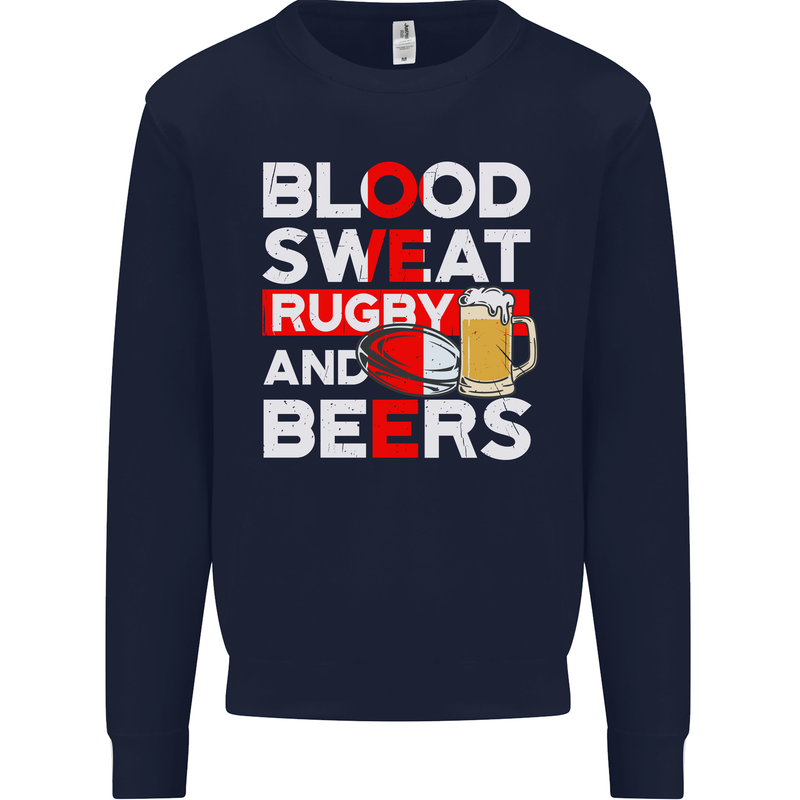 Blood Sweat Rugby and Beers England Funny Mens Sweatshirt Jumper Navy Blue