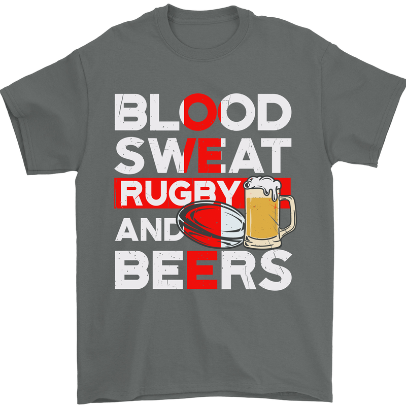 Blood Sweat Rugby and Beers England Funny Mens T-Shirt Cotton Gildan Charcoal
