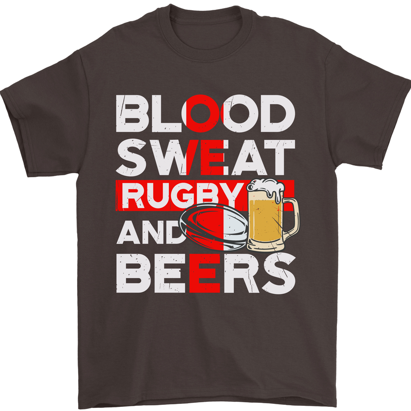 Blood Sweat Rugby and Beers England Funny Mens T-Shirt Cotton Gildan Dark Chocolate
