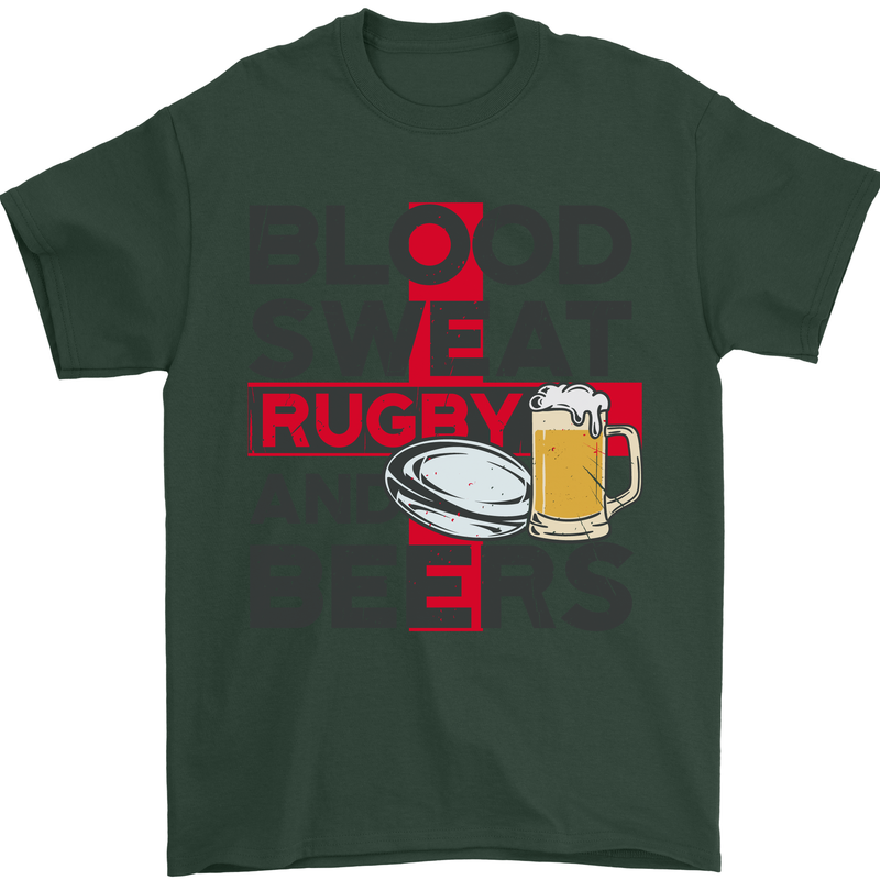 Blood Sweat Rugby and Beers England Funny Mens T-Shirt Cotton Gildan Forest Green
