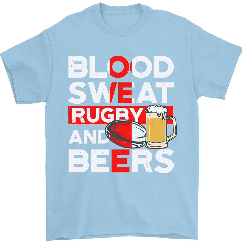 Blood Sweat Rugby and Beers England Funny Mens T-Shirt Cotton Gildan Light Blue