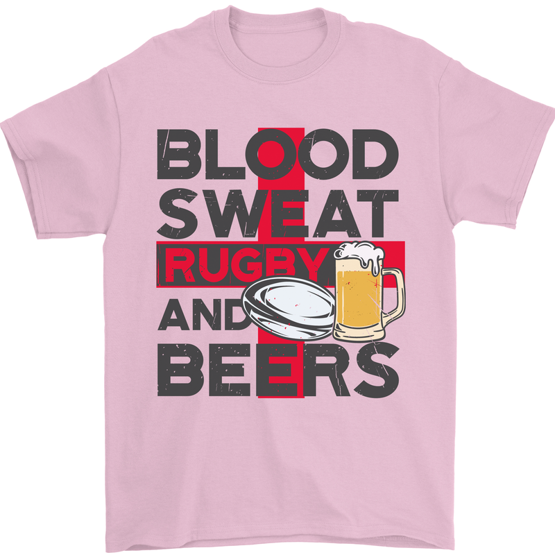 Blood Sweat Rugby and Beers England Funny Mens T-Shirt Cotton Gildan Light Pink