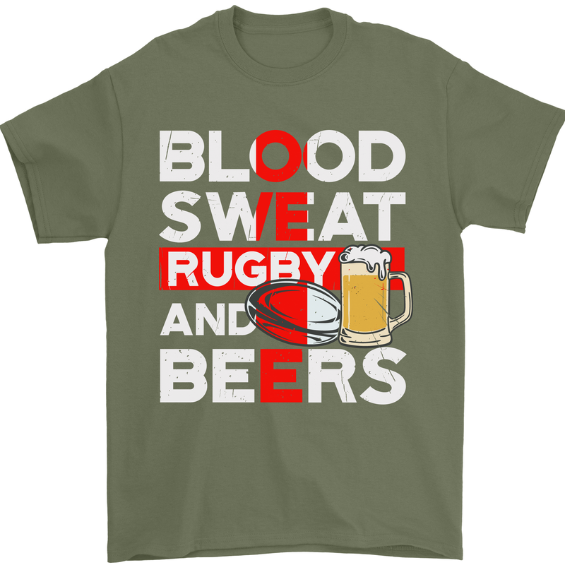Blood Sweat Rugby and Beers England Funny Mens T-Shirt Cotton Gildan Military Green