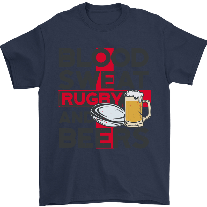 Blood Sweat Rugby and Beers England Funny Mens T-Shirt Cotton Gildan Navy Blue