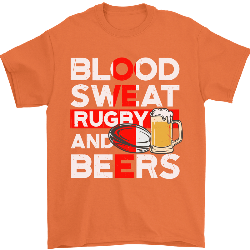 Blood Sweat Rugby and Beers England Funny Mens T-Shirt Cotton Gildan Orange