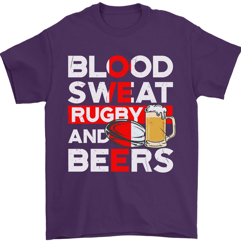 Blood Sweat Rugby and Beers England Funny Mens T-Shirt Cotton Gildan Purple