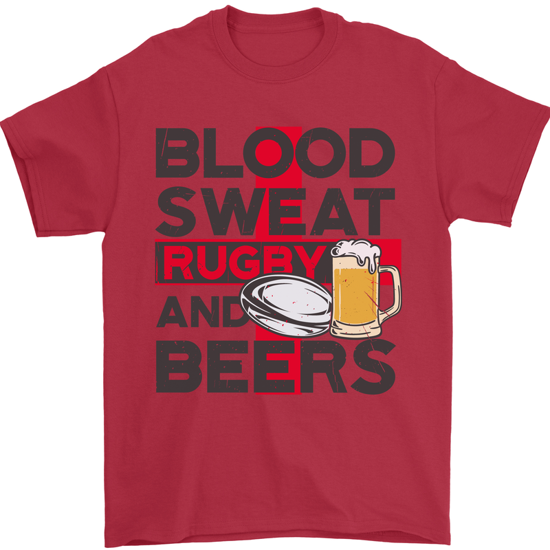 Blood Sweat Rugby and Beers England Funny Mens T-Shirt Cotton Gildan Red
