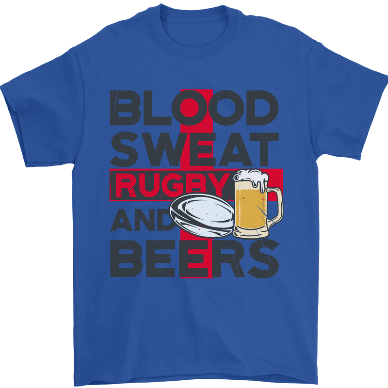 Blood Sweat Rugby and Beers England Funny Mens T-Shirt Cotton Gildan Royal Blue