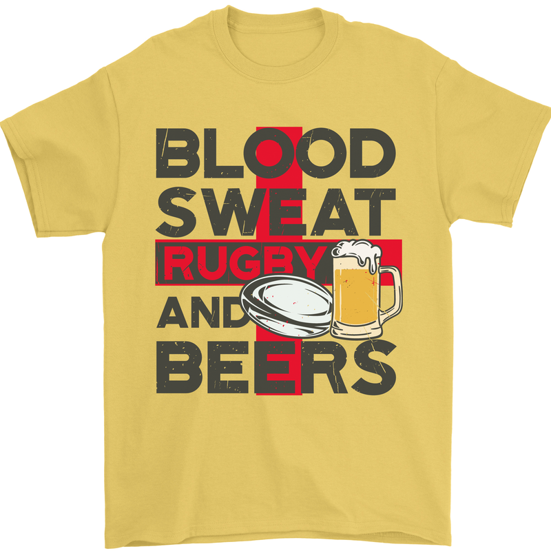 Blood Sweat Rugby and Beers England Funny Mens T-Shirt Cotton Gildan Yellow