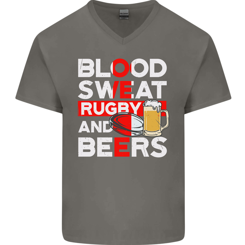 Blood Sweat Rugby and Beers England Funny Mens V-Neck Cotton T-Shirt Charcoal