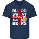 Blood Sweat Rugby and Beers England Funny Mens V-Neck Cotton T-Shirt Navy Blue