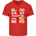 Blood Sweat Rugby and Beers England Funny Mens V-Neck Cotton T-Shirt Red