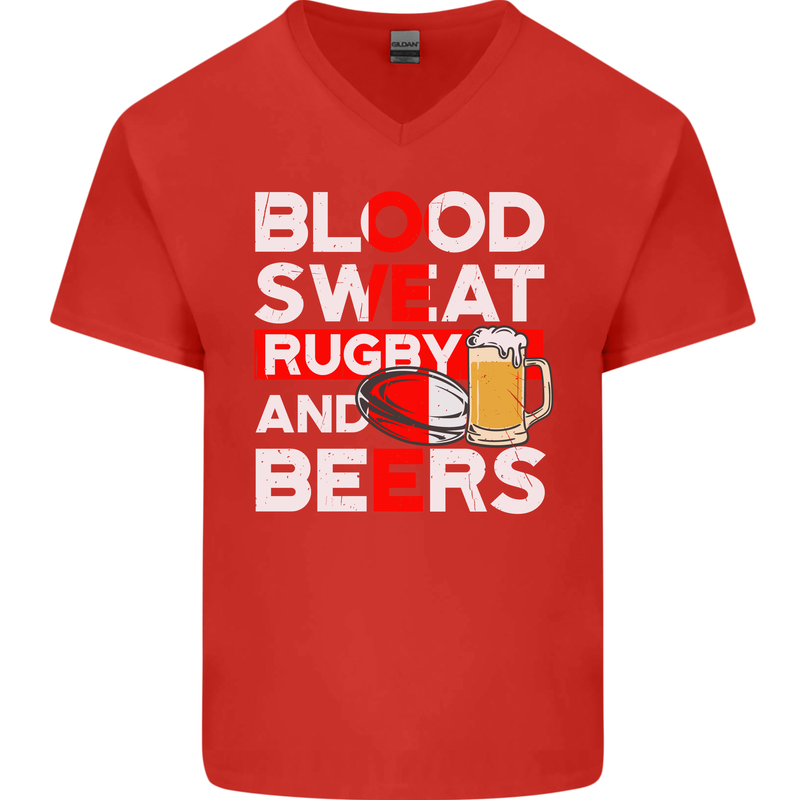 Blood Sweat Rugby and Beers England Funny Mens V-Neck Cotton T-Shirt Red