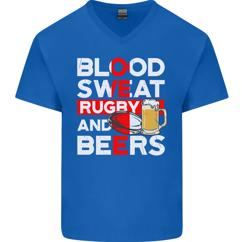 Blood Sweat Rugby and Beers England Funny Mens V-Neck Cotton T-Shirt Royal Blue