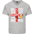 Blood Sweat Rugby and Beers England Funny Mens V-Neck Cotton T-Shirt Sports Grey