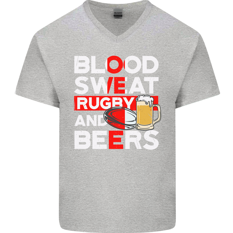 Blood Sweat Rugby and Beers England Funny Mens V-Neck Cotton T-Shirt Sports Grey